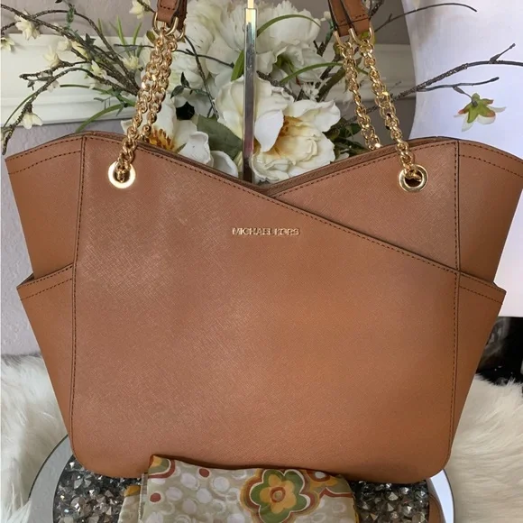 Michael Kors Brown Leather Tote with Gold Accents - Picture 8 of 10